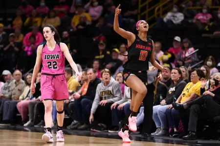 Angel Reese (10)#13 Maryland Terrapins vs. #22 Iowa Hawkeyes at Carver-Hawkeye Arena in Iowa City, Iowa on Monday, Feb. 14, 2022. Zach Bland/Maryland Terrapins
