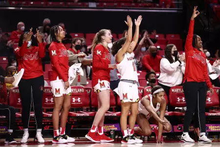 Emma Chardon (21), Taisiya Kozlova (14), Katie Benzan (11), Angel Reese (10), Channise Lewis (3)#17 Maryland Terrapins vs. Rutgers Scarlet Knights at XFINITY Center in College Park, MD on Thursday, Jan. 27, 2022. Zach Bland/Maryland Terrapins