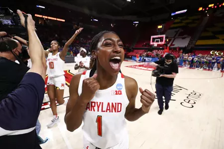 Diamond Miller (1). (4) Maryland Terrapins vs. (12) FGCU in the NCAA Tournament at XFINITY Center in College Park, MD on Friday, March 18, 2022.