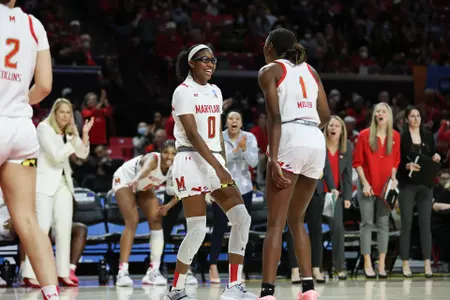 Shyanne Sellers (0) and Diamond Miller (1). (4) Maryland Terrapins vs. (12) FGCU in the NCAA Tournament at XFINITY Center in College Park, MD on Friday, March 18, 2022.