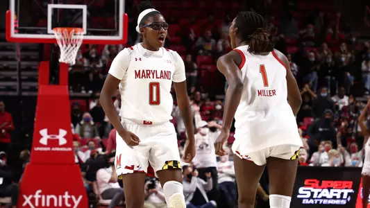 Shyanne Sellers (0), Diamond Miller (1)NCAA WBB: #3 Maryland Terrapins vs. #6 Baylor Bears at XFINITY Center in College Park, Maryland on Sunday, Nov. 21, 2021. Zach Bland/Maryland Terrapins