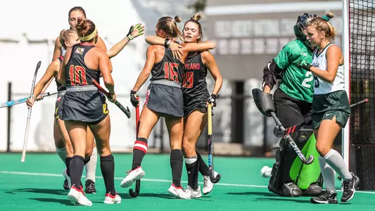 Midfielder Emma DeBerdine (16) and Forward Hope Rose (19)Maryland Terrapins vs. Michigan State Spartans at Field Hockey Complex in College Park, MD on Sunday, Sep. 25, 2022. Mackenzie Miles/Maryland Terrapins