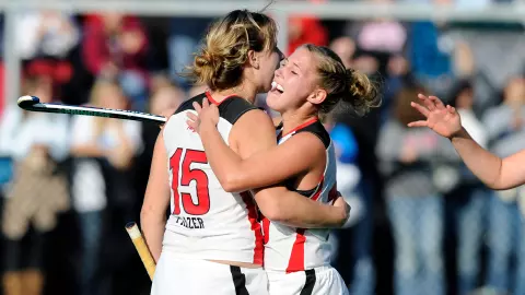 Megan Frazier and Katie O'Donnell celebrate the game-winning goal in the 2010 NCAA championship game