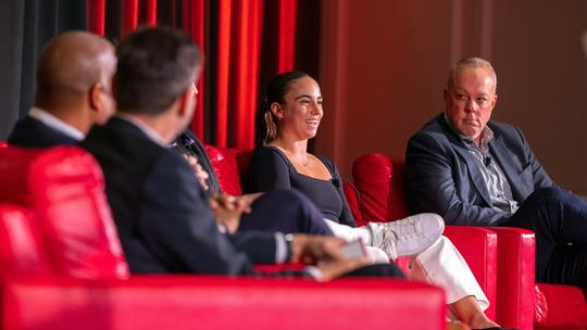 Emma Silberman at the Name, Image, and Likeness panel before the University Foundation Board of Trustees