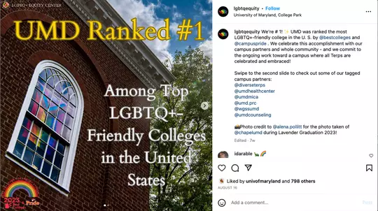 LGBTQ+ Equity Center at UMD Instagram Post