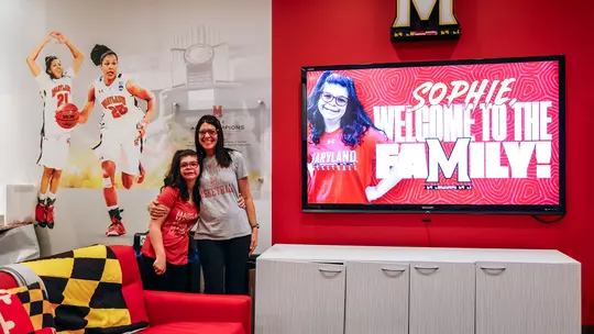 Sophie in the Maryland women's basketball player's lounge