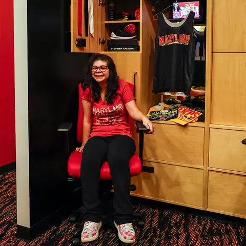 Sophie in the Maryland women's basketball locker room