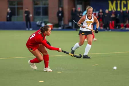 Midfielder/Defender Ericka Morris-Adams (8)
Maryland Field Hockey B1G Tournament vs. Iowa at Ocker Field in Ann Arbor, MI on Thursday, Nov. 2, 2023.
Chris Lyons/ Maryland Athletics