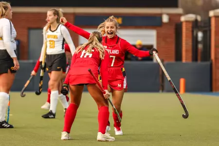 Forward/Midfielder Sammy Popper (16) Forward Margot Lawn (27)
Maryland Field Hockey B1G Tournament vs. Iowa at Ocker Field in Ann Arbor, MI on Thursday, Nov. 2, 2023.
Chris Lyons/ Maryland Athletics