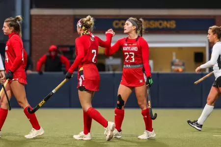 Midfielder Maya Everett (2) Midfielder Ashlyn Carr (23)
Maryland Field Hockey B1G Tournament vs. Iowa at Ocker Field in Ann Arbor, MI on Thursday, Nov. 2, 2023.
Chris Lyons/ Maryland Athletics