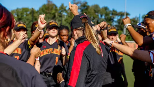 Lauren Karn breaking down huddle after fall ball game against Frostburg State