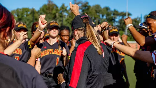 Lauren Karn breaking down huddle after fall ball game against Frostburg State