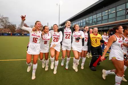 Forward/Midfielder Sammy Popper (16) Midfielder/Defender Ericka Morris-Adams (8) Midfielder/Defender Lillian Buckwalter (20) Midfielder Maddie Vasilios (22) Midfielder Kylee Niswonger (15) Forward/Midfielder Reese Delp (21) Goalkeeper Alyssa Klebasko (1)
Maryland Field Hockey B1G Tournament vs. Rutgers at Ocker Field in Ann Arbor, MI on Friday, Nov. 3, 2023.
Chris Lyons/ Maryland Athletics
