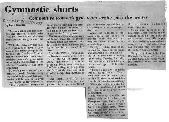 A Diamondback article from November 1973 on the Maryland gymnastics program