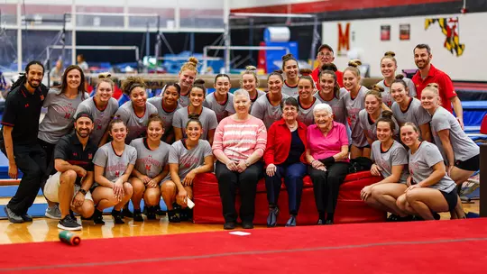 Maryland gymnastics team with Dr. Pat Danoff, 1974 team captain Marilyn Kostolich and former women’s athletic director Dottie McKnight