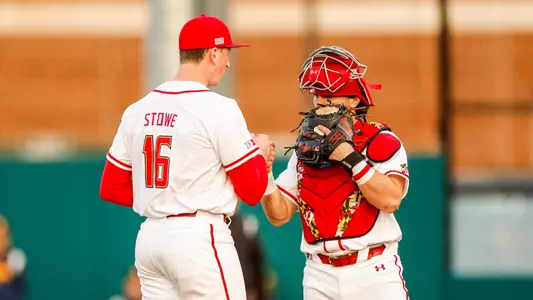 Pitcher Eliakim Stowe (16) and Catcher Luke Shliger (3)
Maryland Baseball vs. West Virginia at Bob Turtle Smith Stadium in College Park, MD on Tuesday, Feb. 21, 2023.
Chris Lyons/Maryland Terrapins