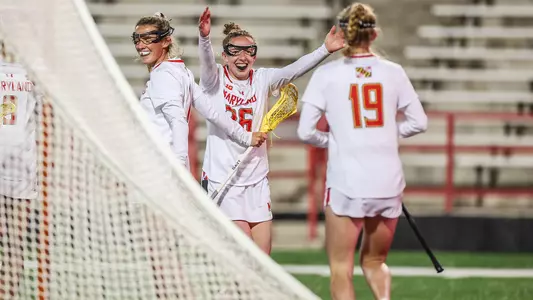 Emma Muchnick celebrates vs. William & Mary
