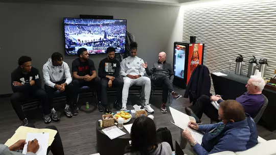 Coach Willard and Maryland men's basketball student-athletes meet with the media prior to playing No. 1-seed Alabama