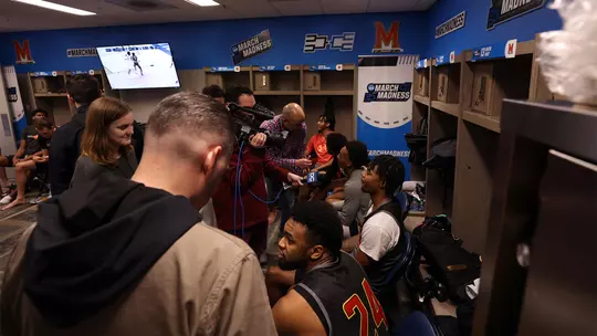 Maryland men's basketball student-athletes talk with the press prior to playing No. 1-seed Alabama