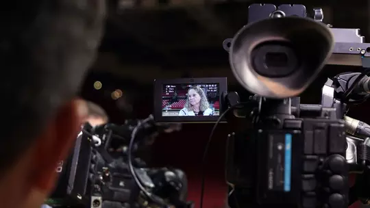 Brenda Frese being interviews prior to leaving for the 2023 NCAA Sweet 16