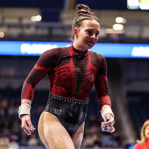 Tasha Brozowski in tears after her bars routine at 2023 NCAA Regionals