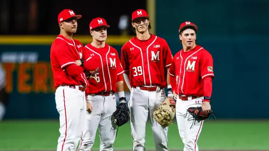 Infielder/Pitcher Nick Lorusso (34) Infielder Matt Shaw (6) Infielder Kevin Keister (8) Infielder Eddie Hacopian (39)
Maryland Baseball vs. Rutgers Game 1 at Bob "Turtle" Smith Stadium in College Park, MD on Friday, Apr. 7, 2023.
Chris Lyons/Maryland Terrapins