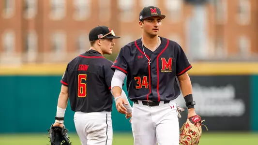 Infielder Matt Shaw (6) Infielder/Pitcher Nick Lorusso (34)
Maryland Baseball vs. Purdue at Bob "Turtle" Smith Stadium in College Park, MD on Saturday, Apr. 22, 2023.
Chris Lyons/Maryland Terrapins
