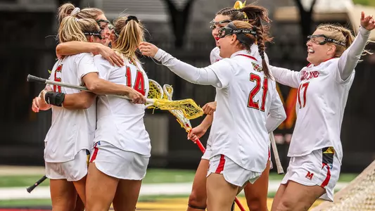 Terps celebrate a goal vs. Ohio State, 4/8/23