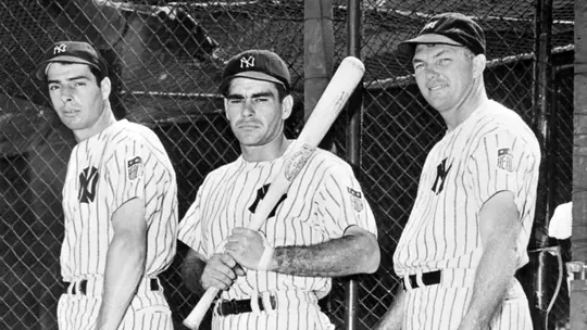 Joe Dimaggio (1914 - 1999), Charlie Keller (1916 - 1990) and Bill Dickey (1907 - 1993), all from the New York Yankees, September 1942
