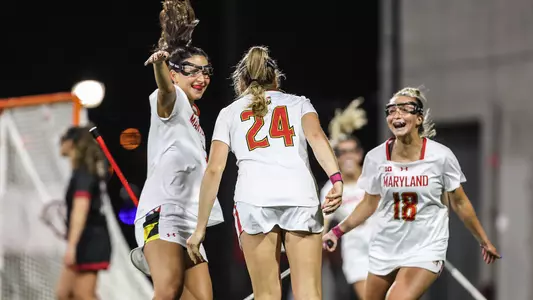 Chrissy Thomas, Shay Ahearn & Libby May celebrate goal vs. Rutgers