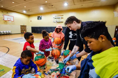 Center Caelum Swanton-Rodger (35)
Maryland Men’s Basketball players create art with kids from Baltimore at Robert C. Marshall Recreation Center in Baltimore, MD on Saturday, May. 6, 2023.
Mackenzie Miles/Maryland Terrapins