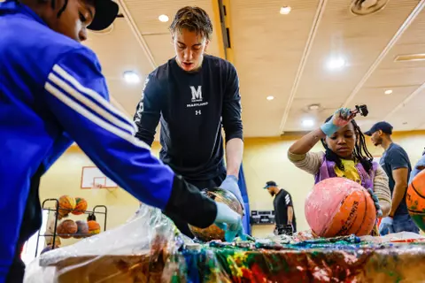 Center Caelum Swanton-Rodger (35)
Maryland Men’s Basketball players create art with kids from Baltimore at Robert C. Marshall Recreation Center in Baltimore, MD on Saturday, May. 6, 2023.
Mackenzie Miles/Maryland Terrapins