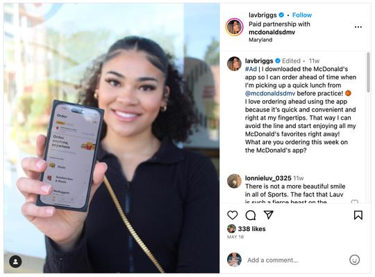 Lavender Briggs Instagram Post on McDonald's NIL partnership