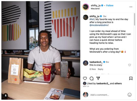 Julian Reese Instagram Post on McDonald's NIL partnership