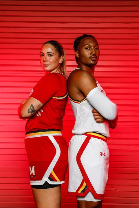 2023-24 basketball uniform unveil - Jahmir Young and Faith Masonius