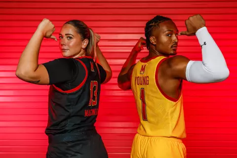 2023-24 basketball uniform unveil - Jahmir Young and Faith Masonius