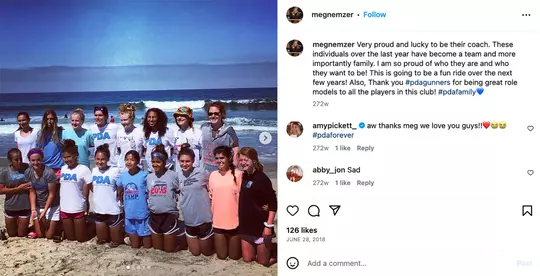 Meghan Ryan Nemzer's Instagram post from 2018 on her PDA youth team