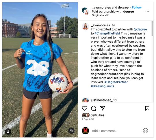 Ava Morales Instagram Post promoting Degree's Change The Field campaign
