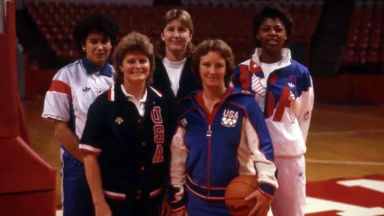 UMD women's basketball Olympians in 1988, Jasmina Perazic, Kris Kirchner, Vicky Buileit, Coach Chris Weller, and Tara Heiss.