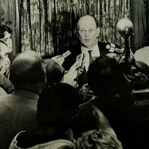 Lefty Driesell meets with the media following his 500th career win, a 91-38 victory over Towson on February 21, 1985