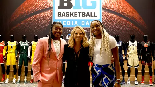 Shyanne Sellers, Brenda Frese, and Christina Dalce at Big Ten Media Day