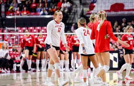 Pin hitter Katie Scherer (12)
Maryland Volleyball vs. Nebraska at XFINITY Center in College Park, MD on Saturday, Nov. 30, 2024.
Ashley Ray/Maryland Terrapins