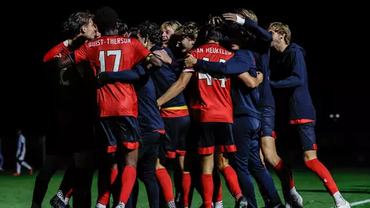 Men's Soccer Celebration in red uniforms during Villanova game