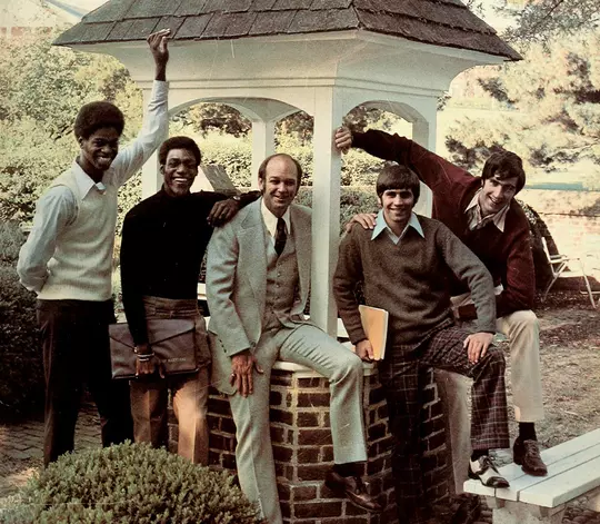 Len Elmore, Owen Brown, Lefty Driesell, Rich Porac, and Tom McMillen from the cover of the 1973-74 Maryland men's basketball media guide