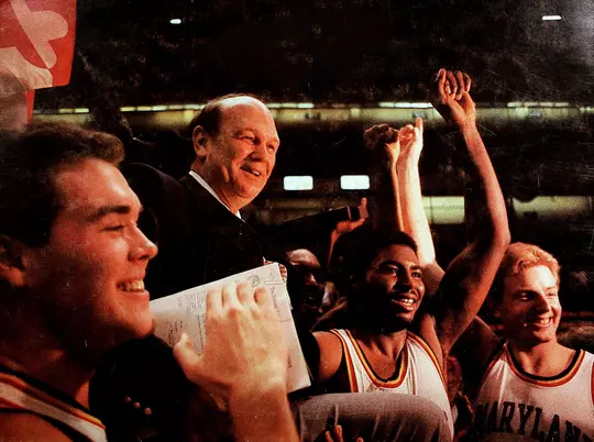 Terrapin players carry Lefty Driesell off the court after winning the 1984 ACC Championship