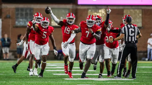 Maryland Football Defense celebrates 2023 vs Charlotte at SECU Stadium