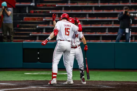 Catcher Alex Calarco (15)
Maryland Baseball defeats Georgetown at Bob "Turtle" Smith Stadium in College Park, MD on Tuesday, Feb. 27, 2024.