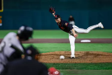 Pitcher Trystan Sarcone (14)
Maryland Baseball wins game 1 vs. Bryant at Bob "Turtle" Smith Stadium in College Park, MD on Friday, Mar. 1, 2024.
Chris Lyons/Maryland Terrapins