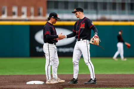 Infielder Kevin Keister (3) and Infielder Sam Hojnar (9)
Maryland Baseball wins game 1 vs. Bryant at Bob "Turtle" Smith Stadium in College Park, MD on Friday, Mar. 1, 2024.
Chris Lyons/Maryland Terrapins
