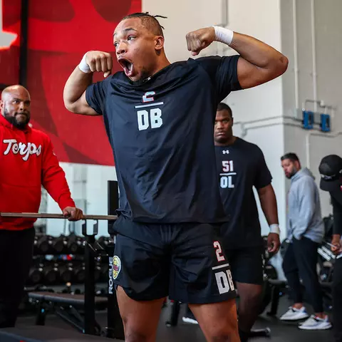 Beau Brade at Maryland's Pro Day workout in 2024